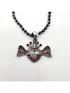 28 inch hematite necklace with solid silver Heart Angel pendant